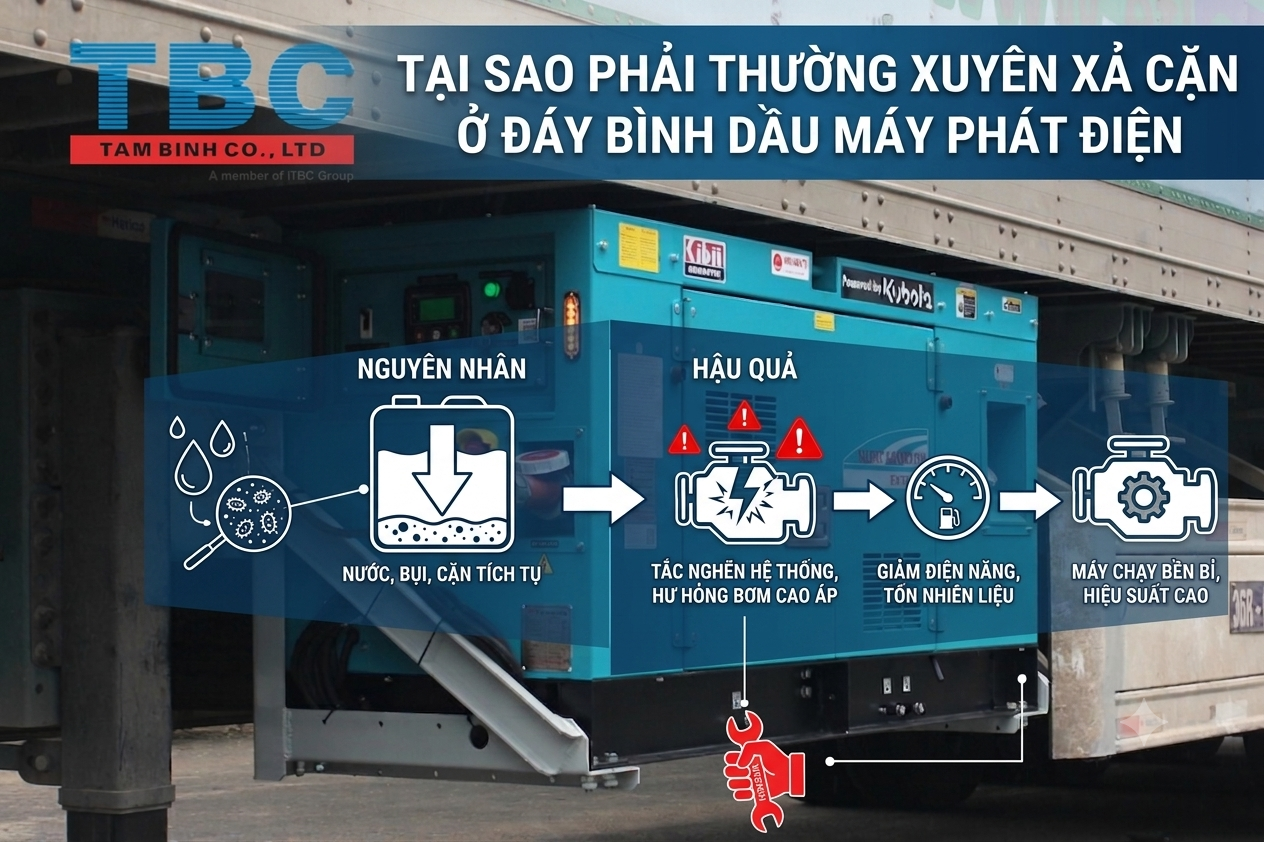 TẠI SAO PHẢI THƯỜNG XUYÊN XẢ CẶN Ở ĐÁY BÌNH DẦU MÁY PHÁT ĐIỆN